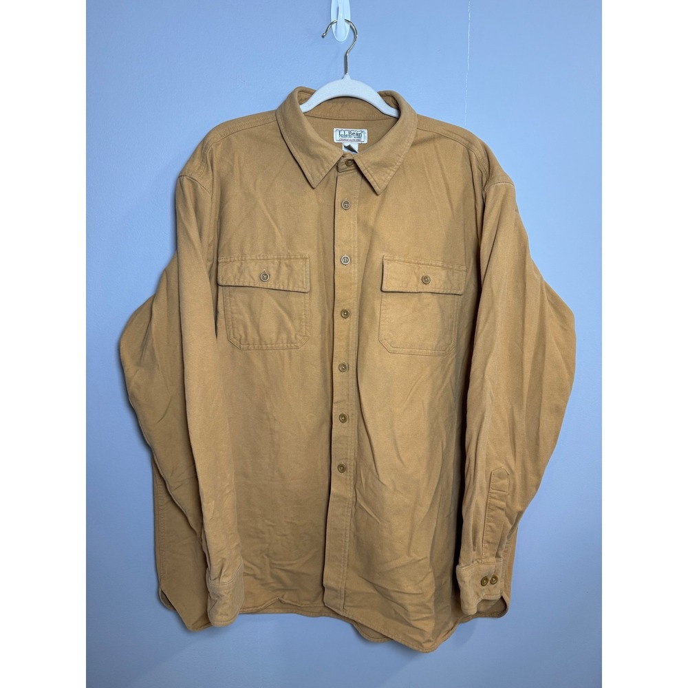 LL Bean Chamois Cloth Shirt Mens XXL REG Tan Long Sleeve Button‎ Up Flannel